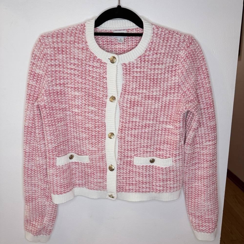 J.Crew Womens S Pink White Lady Jacket Cardigan Gold Buttons Cropped Preppy
